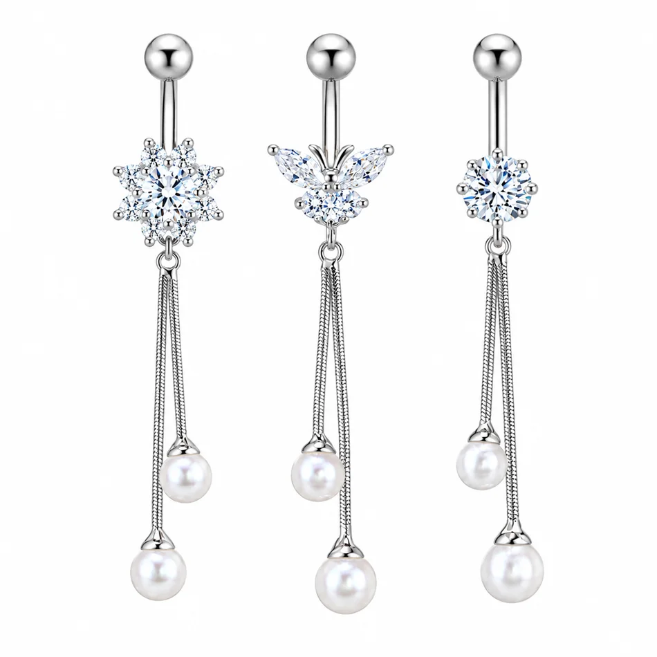 Belly Bar Titanium - Dainty Long Chain Pearl Belly Rings