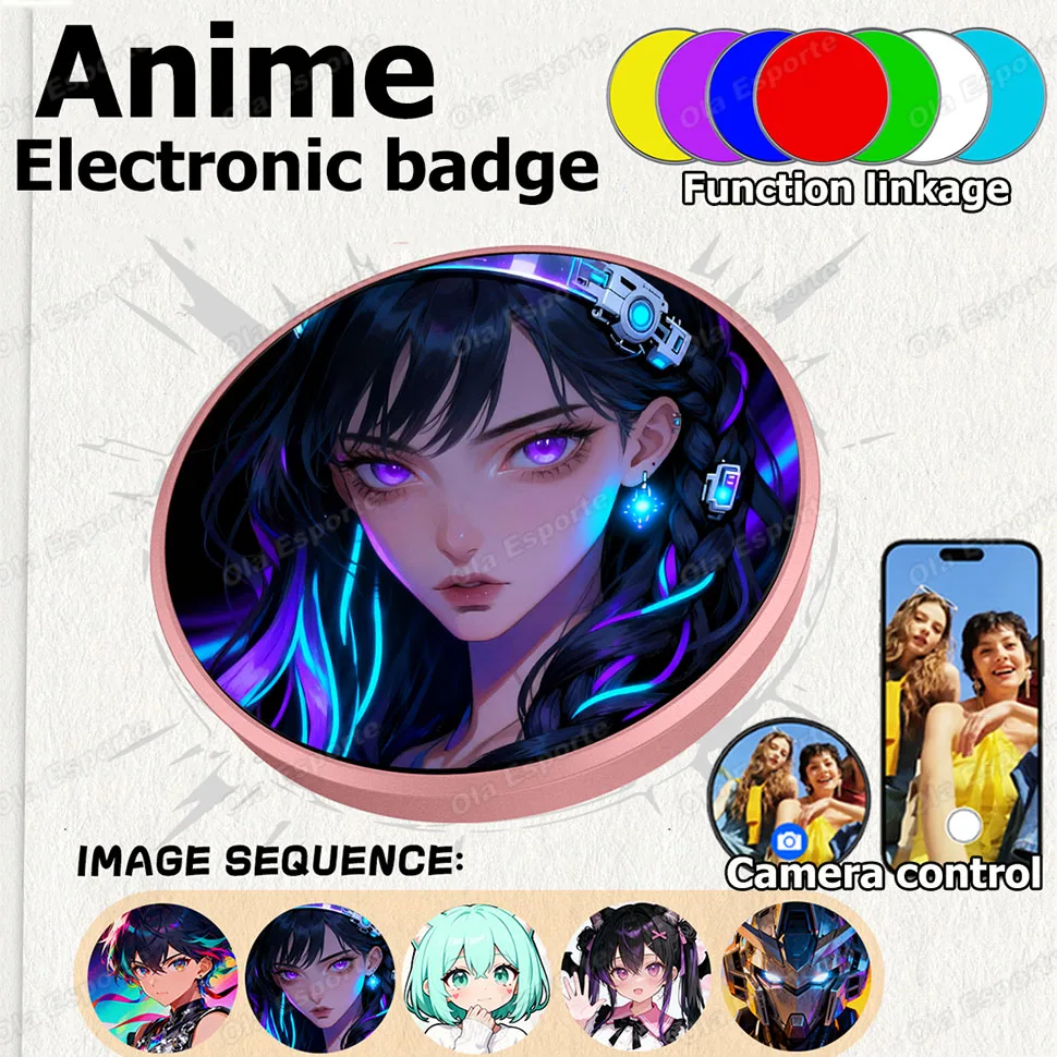 Ola Esporte GIF Dynamisches Anime Smart E-Abzeichen Foto-Video-Player mit Regenbogenlicht für Bilder und Spiele, Intelligentes Elektronisches Abzeichen