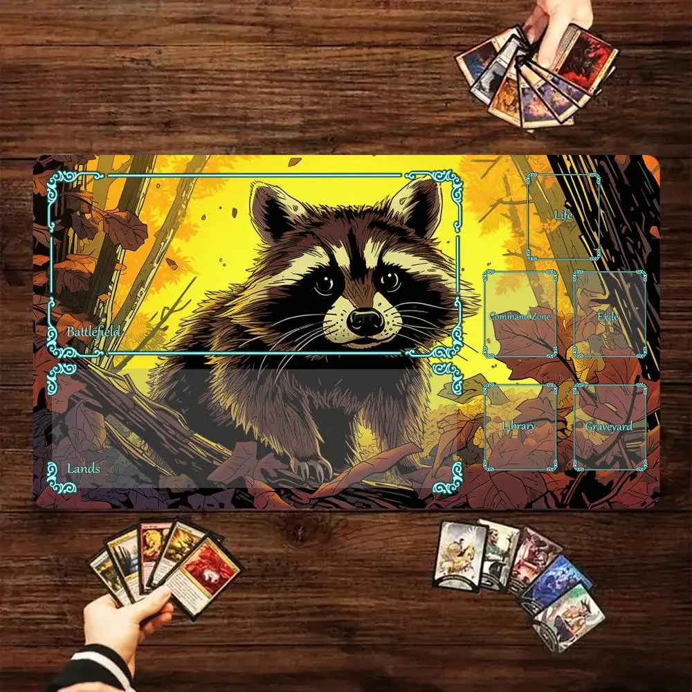 

Magic Card Playmat with zone Cute raccoon illustration MTG playmat gathering gaming mats Desk Mat Commander Battle playmat