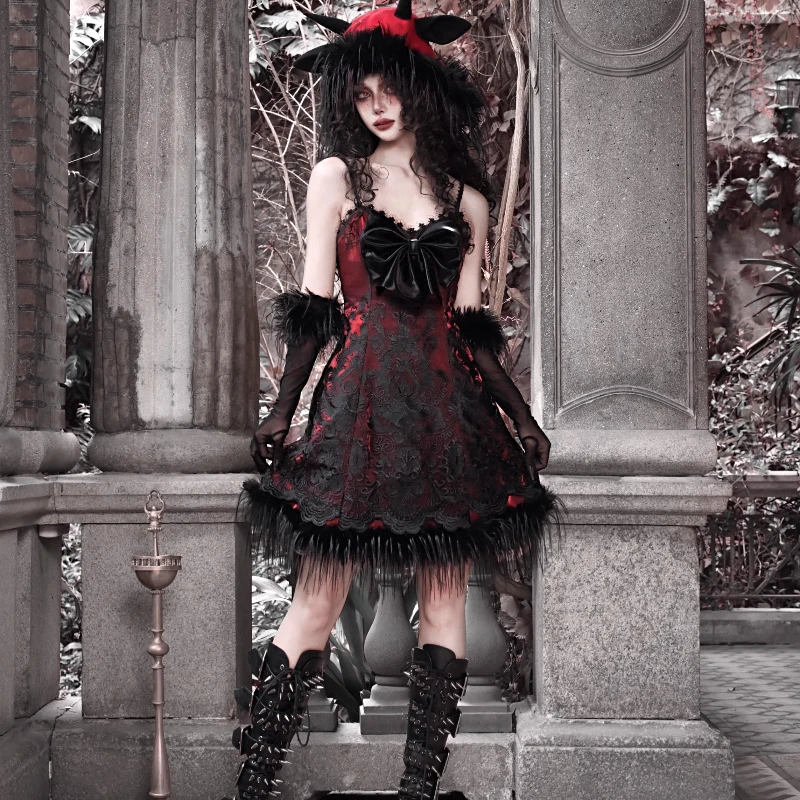 オリジナルデザインのクリスマスドレスの女性の蝶ネクタイスリムストラップハロウィンドレス女性の夏のゴシック黒赤パーティーカーニバルドレス