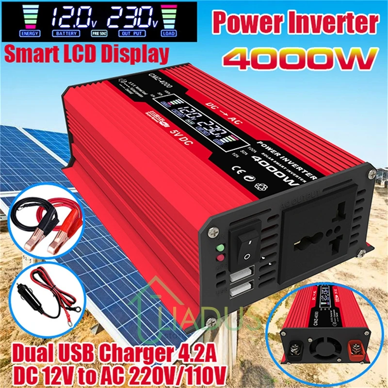 

LCD Display Solar Inverter, Dual USB Charging Port, Car Inverter, Mobile Phone, Laptop, 12V to 220V, 3000W-6000W