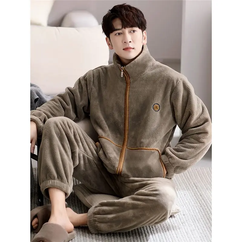 Men's Winter Sleepwear Coral Fleece Thickened Flannel Large Size Casual Long Sleeve Pyjamas Home Clothes Comfortable Pajamas