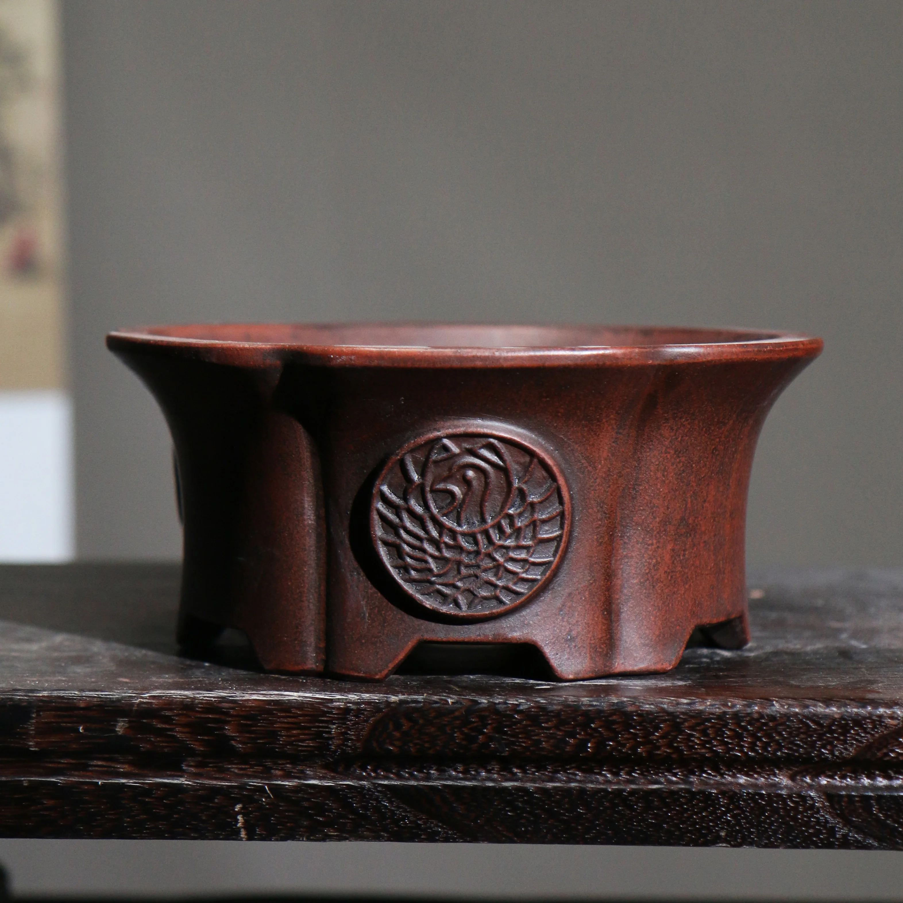 

Purple Sand Round Circle Bonsai Pot Vase Tradition Chinese Carved Room Table Garden Decoration