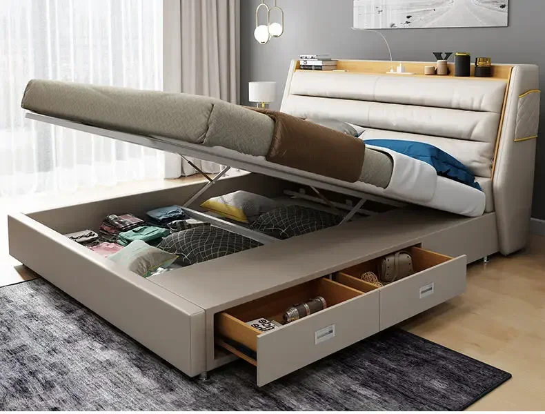 

Real Genuine cow leather bed Soft Beds Bedroom camas lit muebles dormitorio unique USB light