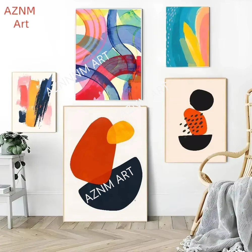 Minimalist Mid Century Watercolor Brush Strokes Poster Self-adhesive Art Waterproof Paper Sticker Coffee House Bar Room Wall