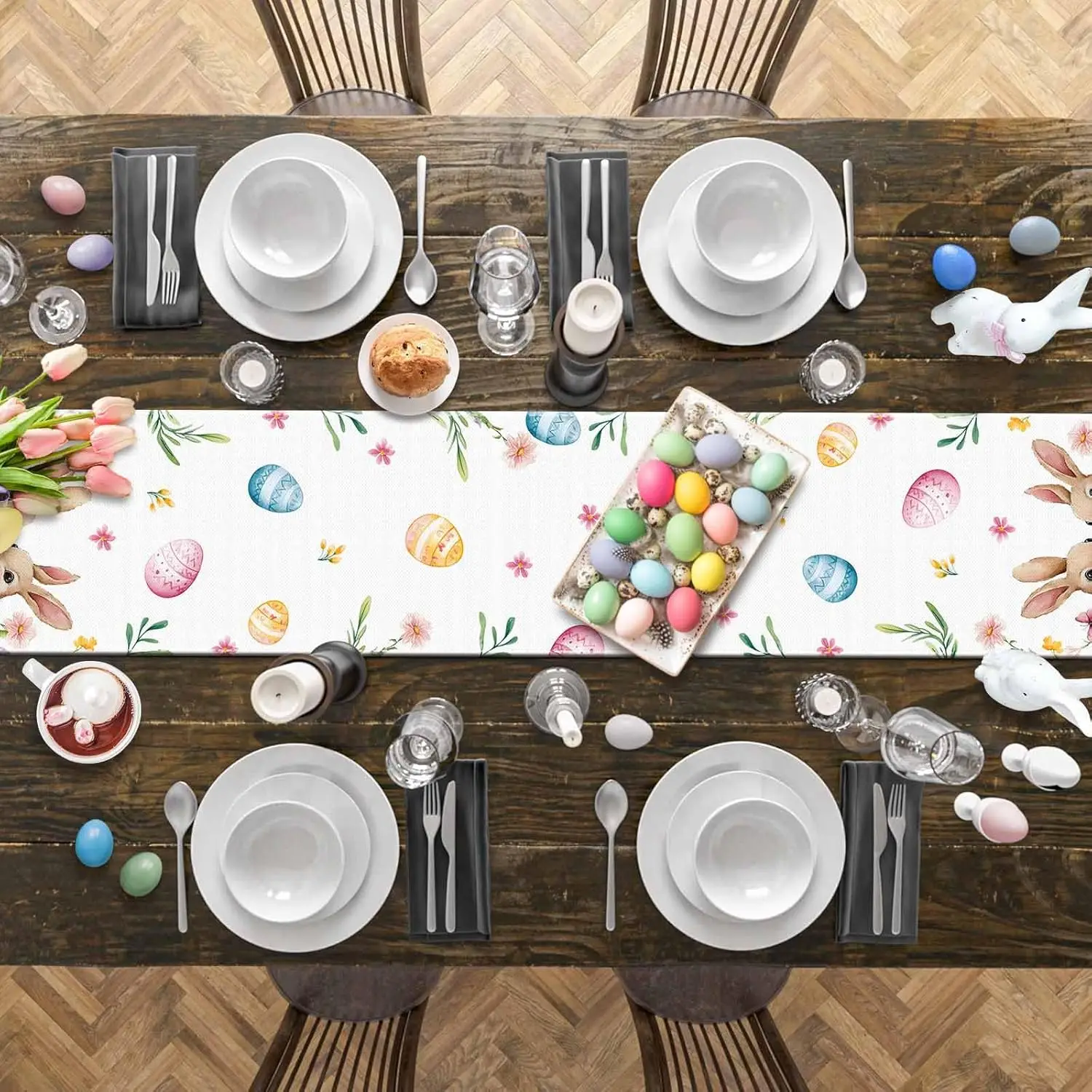 Spring Easter Bunny Colorful Eggs Floral Linen Table Runner Party Decor Farmhouse Kitchen Dining Table Runner Easter Decorations