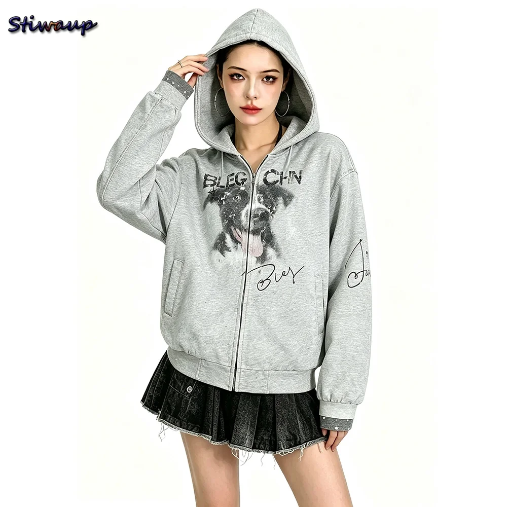 Women's Oversized Graphic Jacket Vintage Puppy Print Hooded Zip-Up Jackets for Men Loose Fit Unisex Hoodie Streetwear Outerwear
