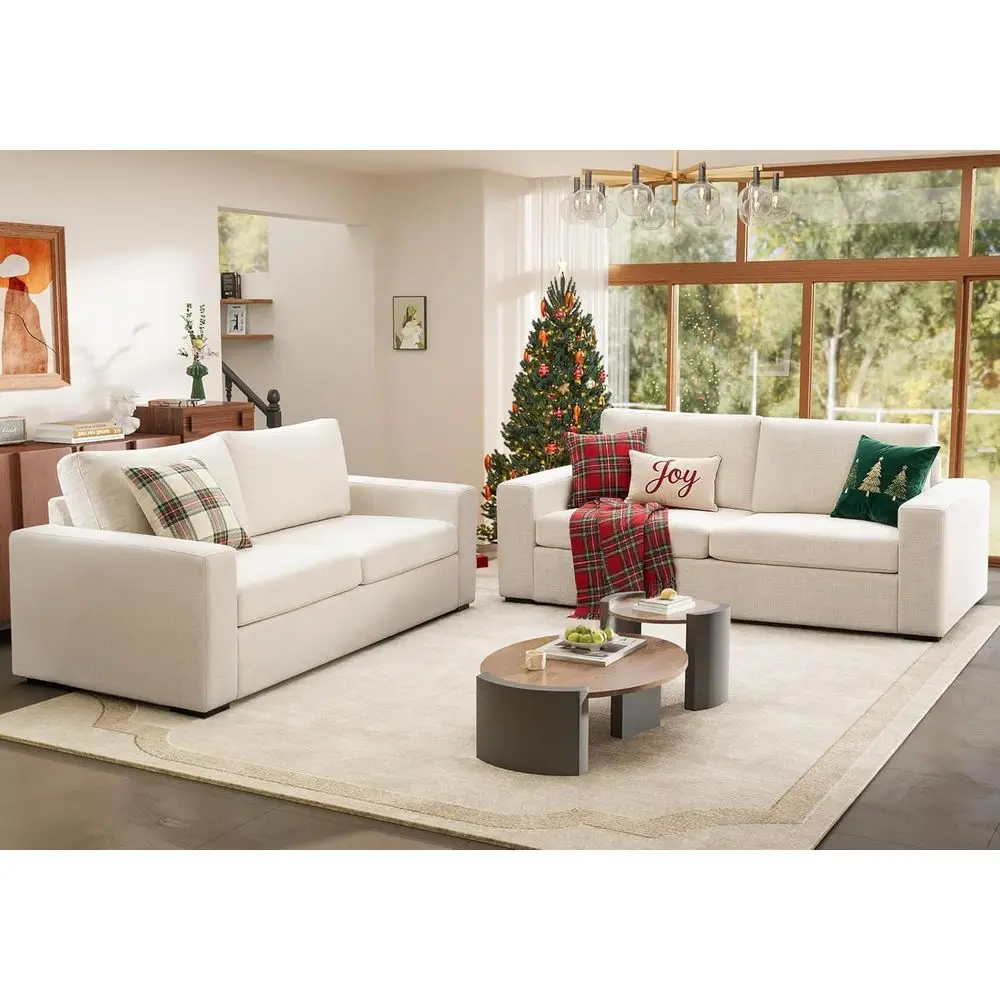 

Natural Linen 3-Seater Sofa with Deep Seat, Upholstered Cushions & Removable Covers, Ideal for Small Spaces, Beige (2 Pieces)
