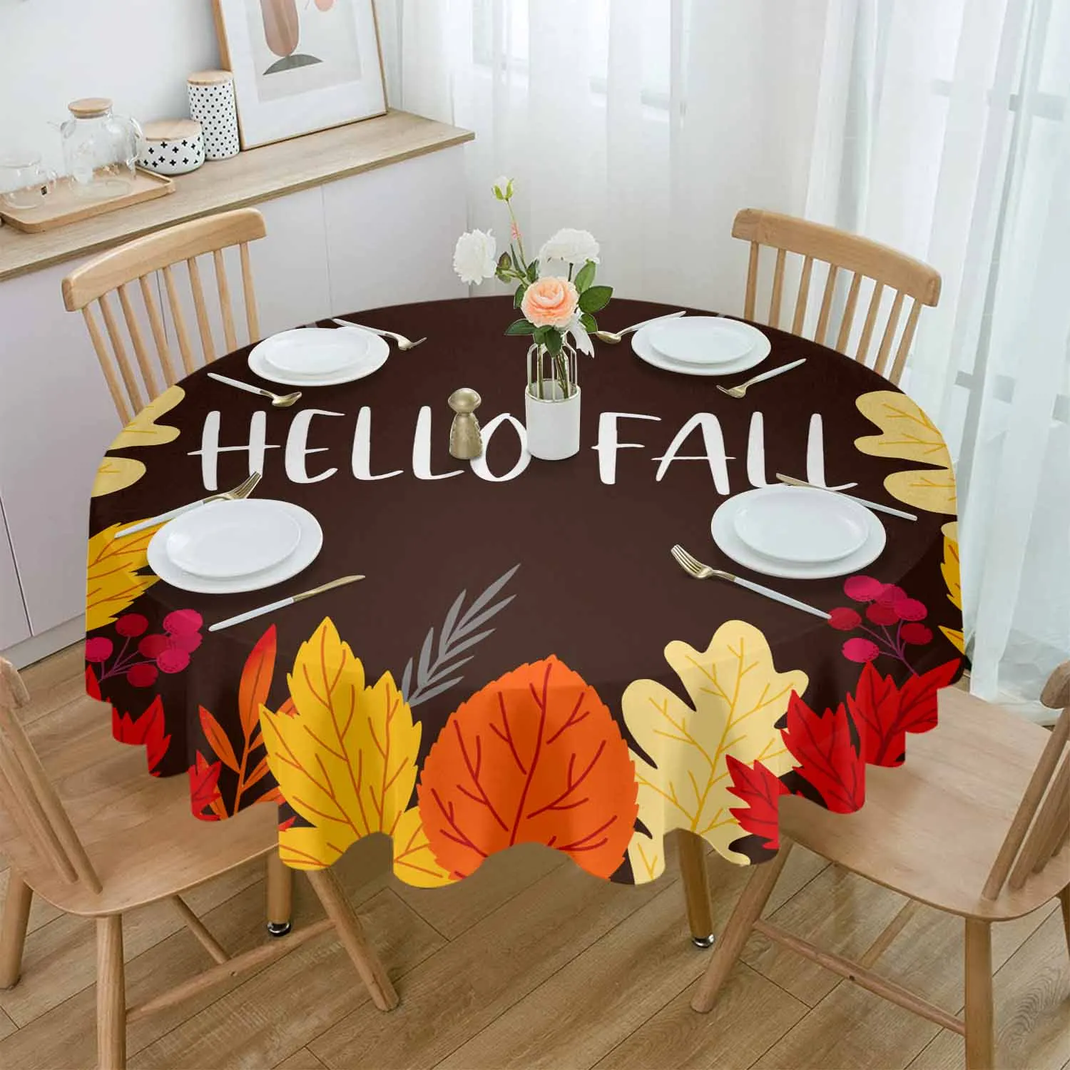 Autumn Plant Maple Leaves Waterproof Tablecloth Tea Table Decoration Round Table Cover For Kitchen Wedding Home