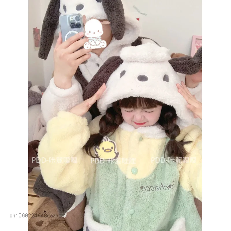 Sanrio Pochacco Winter Flannel Warm Pajamas Couple 3D Printed Nightgown Cute Student Long Coral Velvet Home Garment For Women