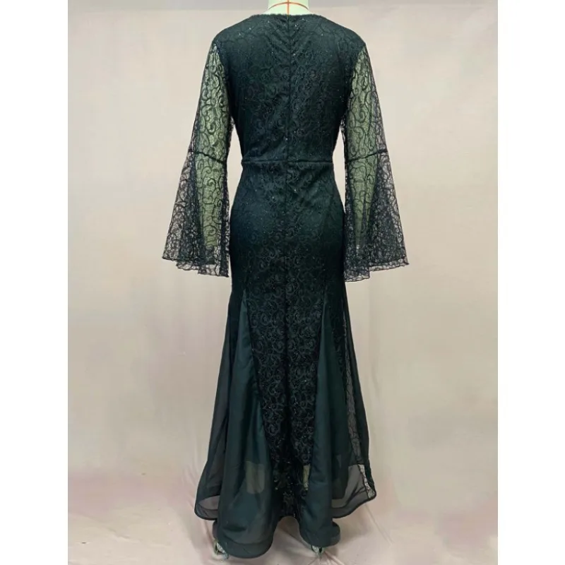 ชุดเดรสยาวออกงานแต่งงาน แขนยาวทรงบาน คอวี เซ็กซี่ สำหรับผู้หญิง ปี 2025  ชุดราตรีหรูหราสำหรับงานกลางคืน งานพรอม ชุดเดรสยาวแม็กซี่