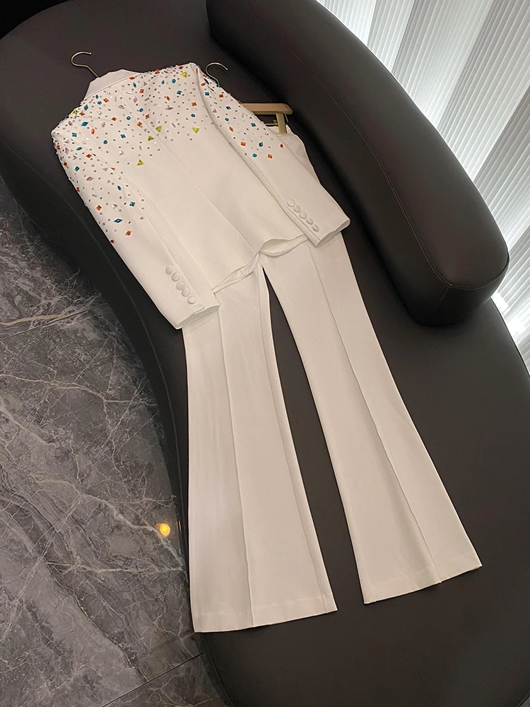 2023 Autumn Winter Colorful Rhinestone Beads Lady Office Suit Long Sleeve Single Button Blazer Flared Pants Women Solid 2Pcs