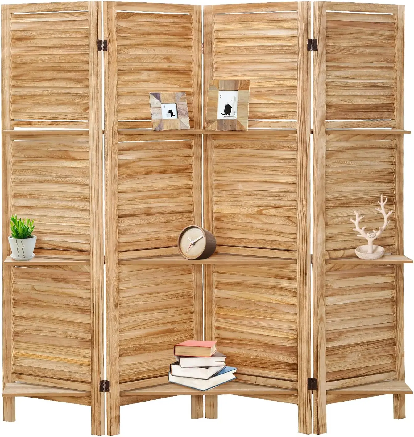 

4 Panel Room Divider with Shelves 5.6Ft Wood Room Divider Folding Screens Wooden Wall Dividers and Folding Privacy Screen