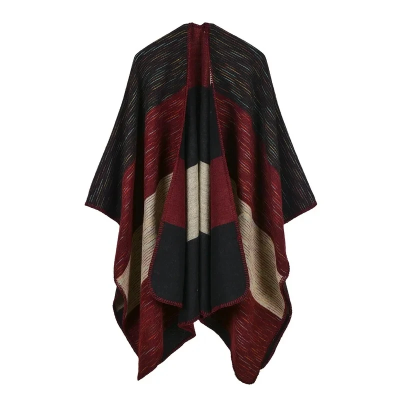 

European Thickened Autumn Winter Rainbow Wide Strip Dual-purpose Shawl Warm Imitation Cashmere Shawl Cape Ponchos Red Black