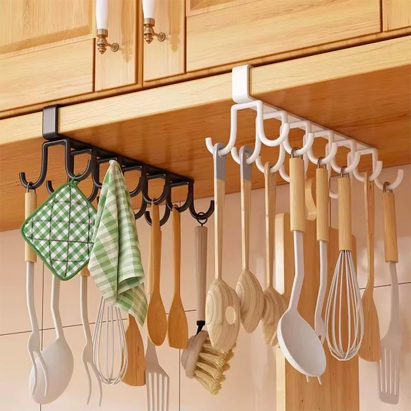 Organizador de armario de cocina, ganchos de doble fila, soporte para estante colgante de hierro, sin perforaciones, debajo del estante, gancho para colgar tazas