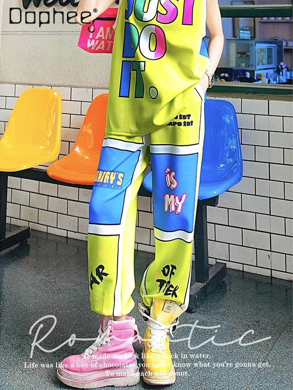 

Fluorescent Green and Blue Contrasting Casual Pants Spring and Summer New Color Letter Pattern Loose Sports Sweatpants Women