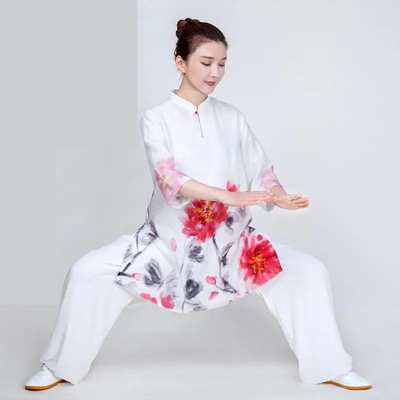 Women Linen Yaga Wing Chun Tai Chi Suit Kung Fu Wushu Martial Arts Uniform Chinese Style Jacket Pant Morning Exercise Costumes