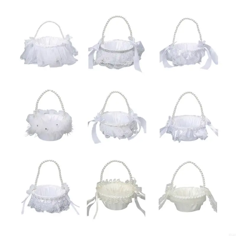 Flower Girl Basket for Wedding Laced Flower Baskets Pearls Handle with Tassels Decorations for Wedding Ceremony Flower Box