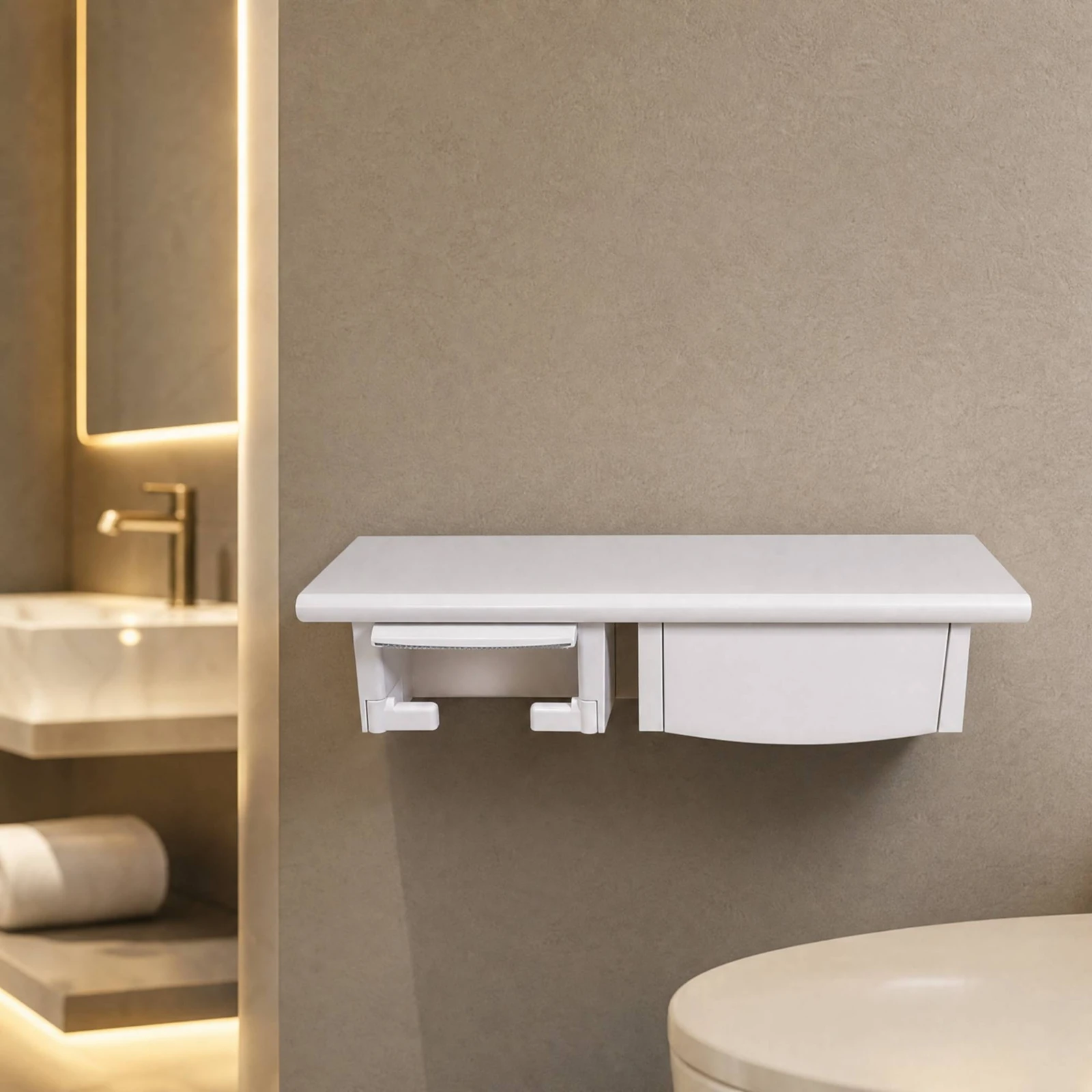 Wooden Bath Tissue Roll Holder Wipe-Clean White Painted Wood Bathroom Shelf with Tissue Roll Holder Modern Eco-Friendly