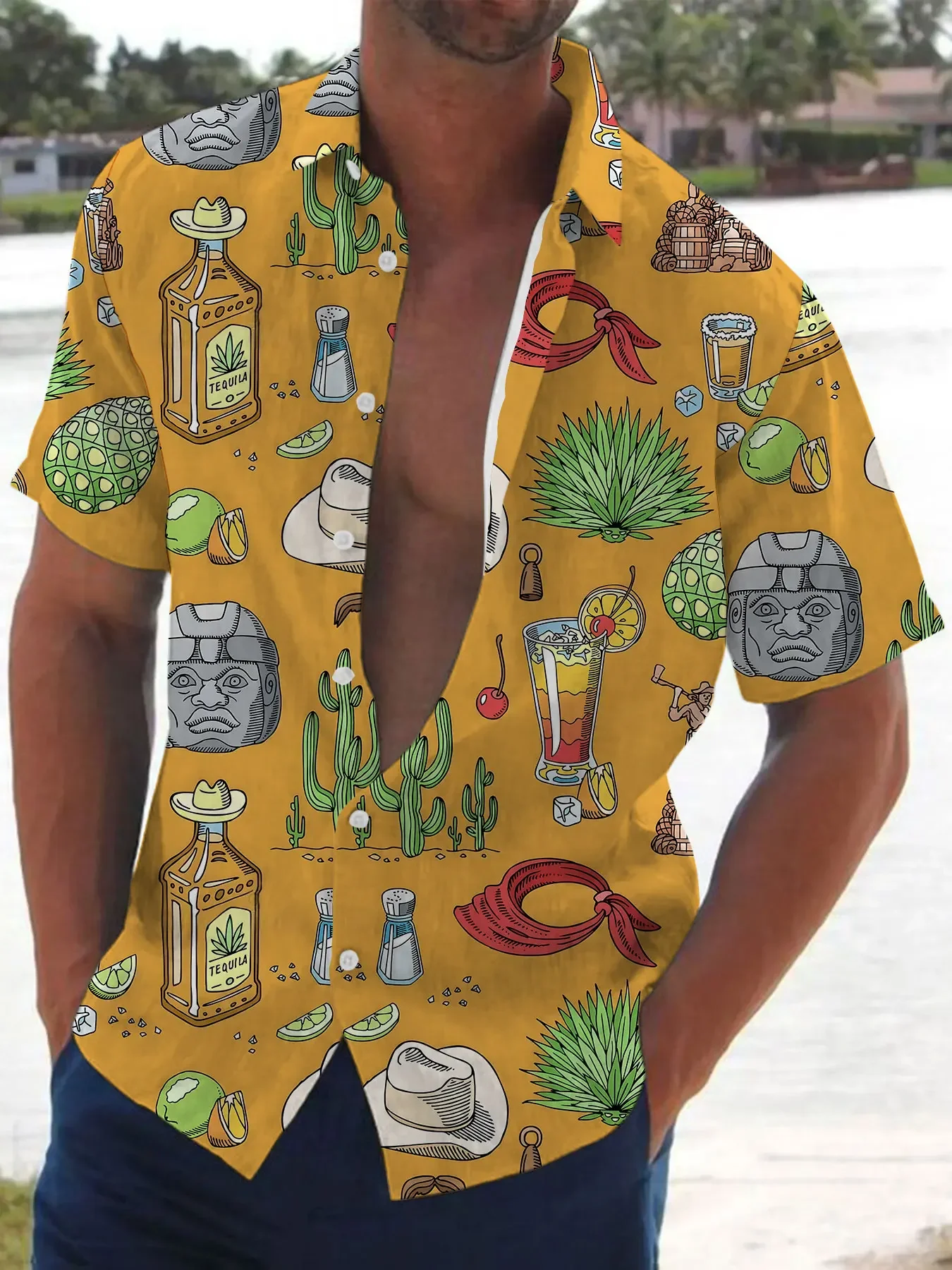 

Men's Funny Mexican Theme Print Shirt Yellow Tequila & Cactus Pattern Short Sleeve Casual Hawaiian Shirt for Men