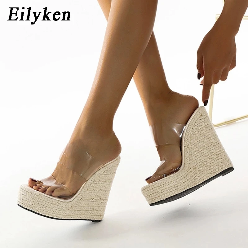 Eilyken Summer PVC Transparent Peep Toe Cane Straw Weave Platform Women Wedges Slippers Sandals Fashion High Heels Female Shoes