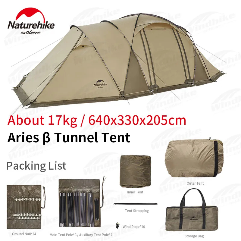 

Naturehike KR Glamping Aries β Tunnel Camping Tent 4-6 Persons 210T Polyester UPF50+ Large Space Tent Sun Shelter NH22YW005