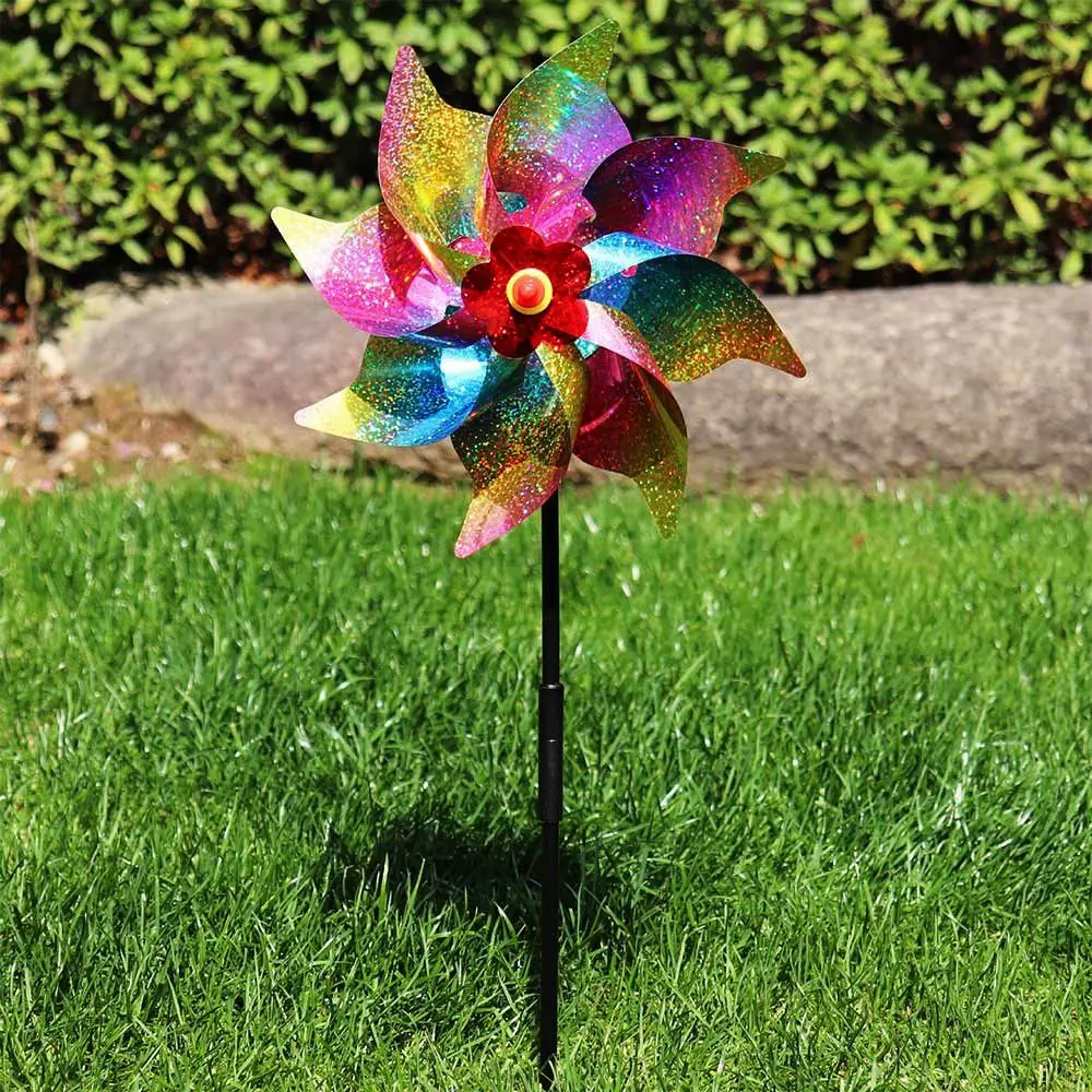2pcs Reflective Sequin Bird Repeller Hand-held Windmill Multicolors Double Section Pole Bird Repellent Anti Birds Windmill 24cm