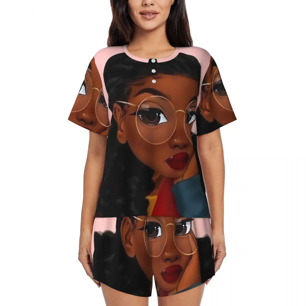 Ladies With Red Lips Pajamas Pretty Afro Girl Casual O Neck Home Suit Lady 2 Pieces Design Short Sleeves Vintage Pajamas Set