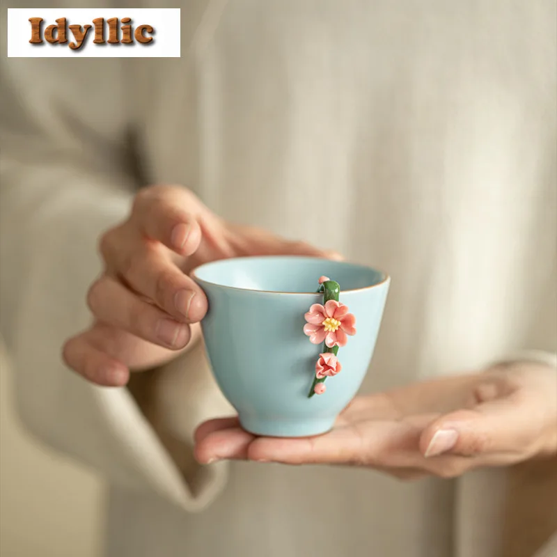 

90 мл Ru-печь, чайная чашка ручной работы с защемленным цветком, эстетическая чайная чаша, кружка, чайная чашка для медитации, чашки Jianzhan Master, подарочные принадлежности