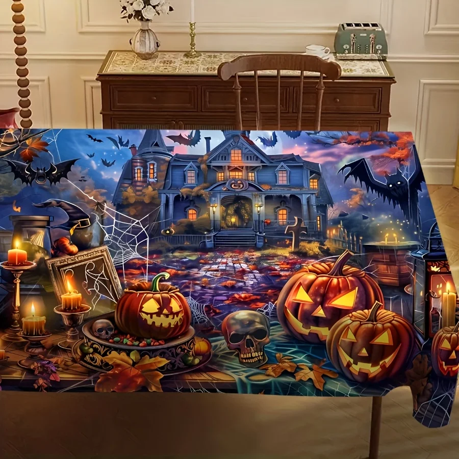 1 piece of Halloween tablecloth - Ghost House, Pumpkin Lanterns, Bats, Gothic Mansion - Large size 35x55 incheszyc