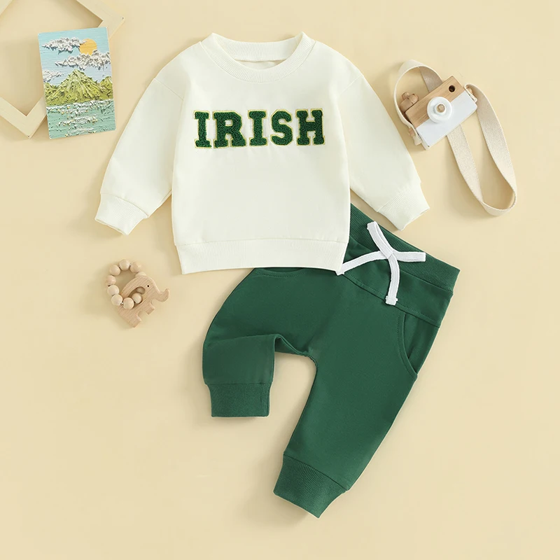 Baby 2Pcs Irish Day Outfits Long Sleeve Letter Embroidery Sweatshirt and Pants Set Toddler Clothes