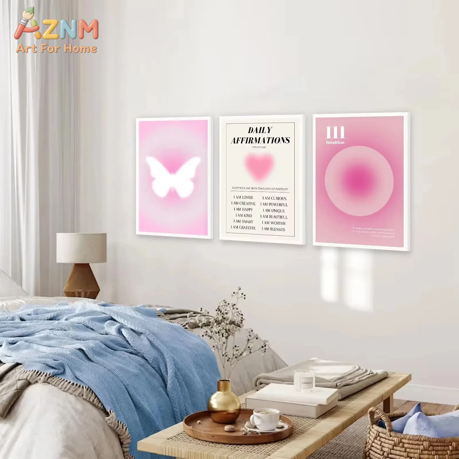 AZNM Pink Gradient Aura Butterfly Numeral Canvas Wall Art Trendy Abstract Spiritual Print Unframed Canvas Painting for Bedroom A