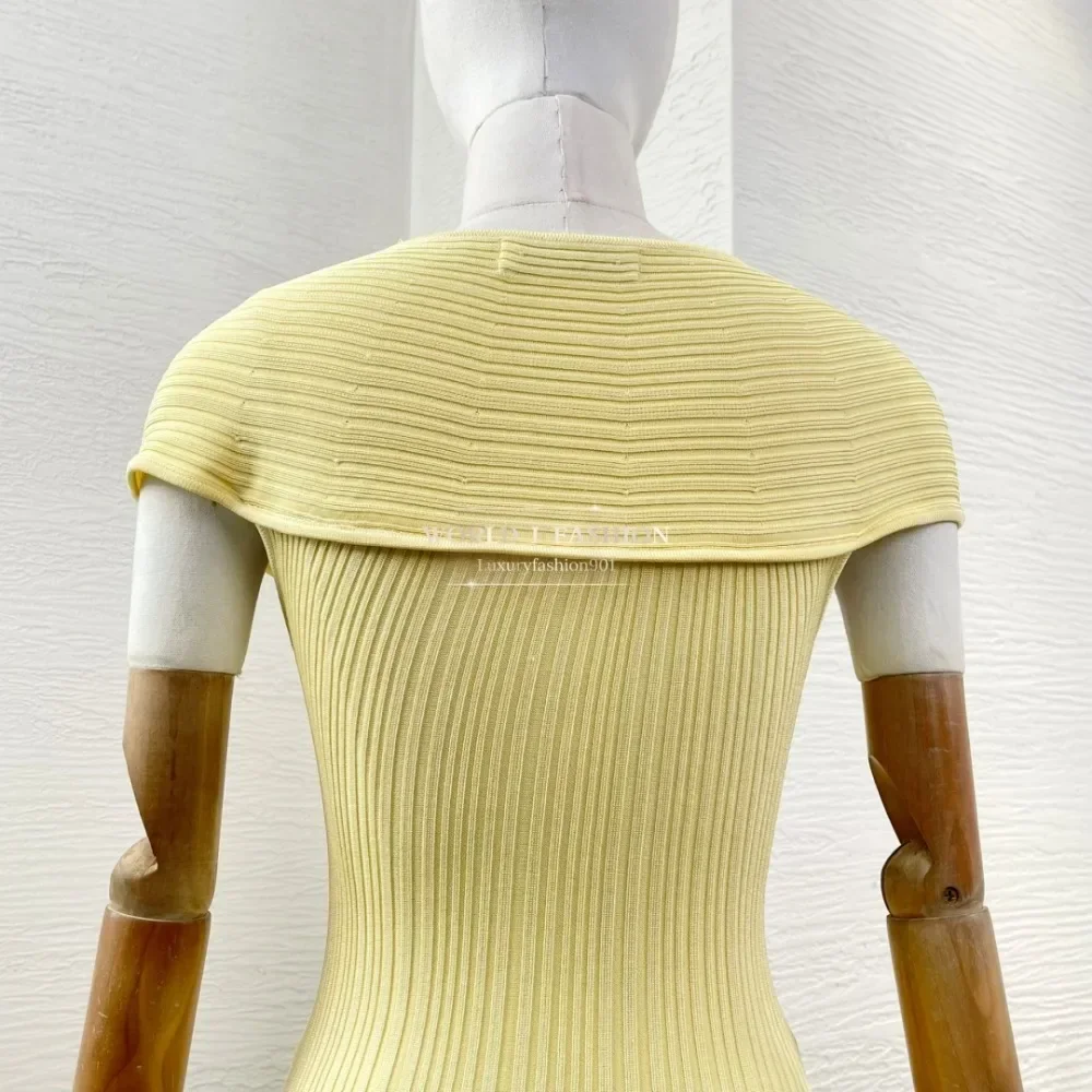 

High Quality Yellow Sleeveless Lace Patchwork Ruffles Frilled Pleat Mermaid Fishtail Midi Dress