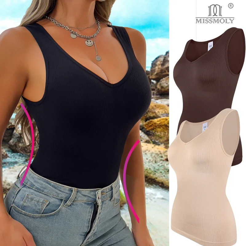 

S-3XL Women Sexy V Neck Shapewear Tank Tops Wide Strap Fajas Tummy Control Body Shaper Compression Shirts Sleeveless Underwear