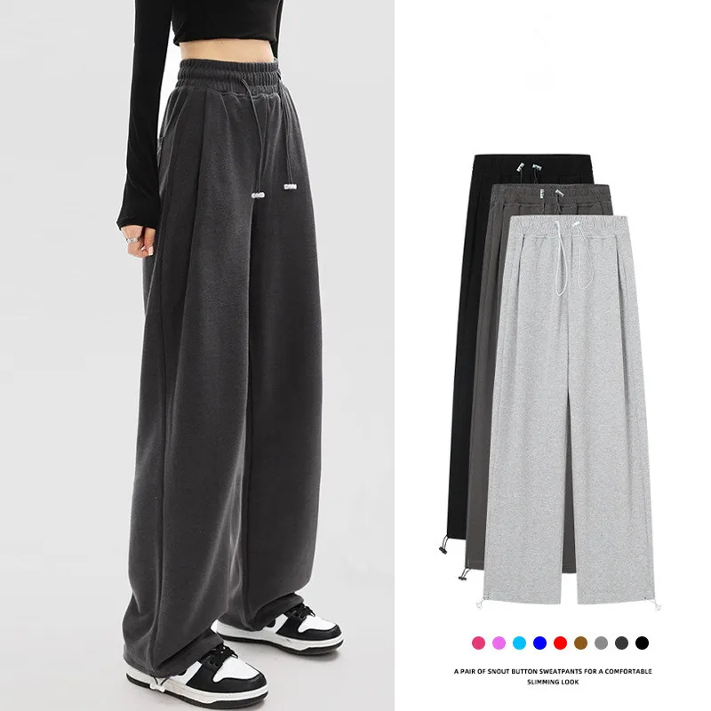 

Spring Loose Sport Pants For Women Drawstring Waist Pockets Harem Pants Solid Wide Leg Pants Female Full Length P002