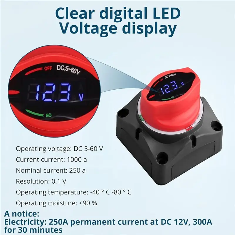 DT39 Battery Isolator Disconnect Switch 250A 12-24V, Car Battery Power-Off Switch with Voltmeter for RV Truck