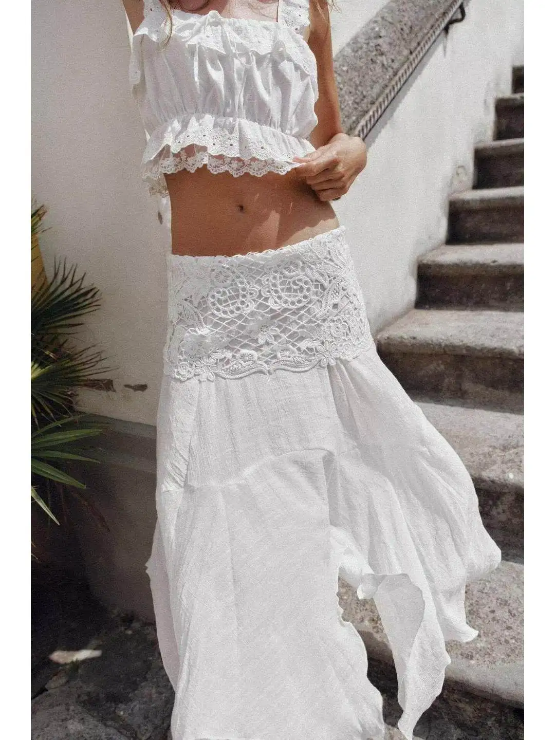 Vacation Style Short Top Embroidered Hollow out Asymmetrical Midi Skirt Fashion Set Women's Spring Summer Workwear Uniform view 4
