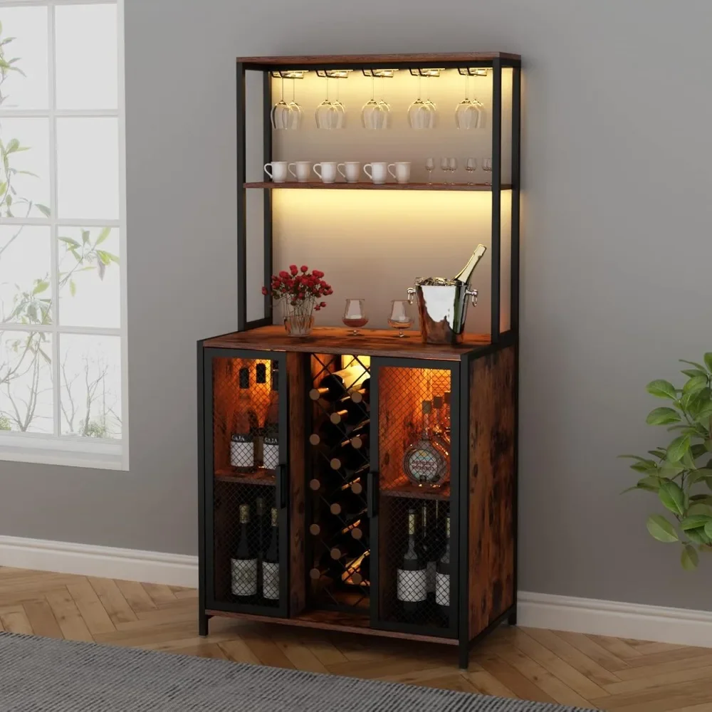 Wine Bar Cabinet with LED Lights, 5-Tier Industrial Coffee Bar, Kitchen Bar Table with Wine Rack Storage and Glass Slots