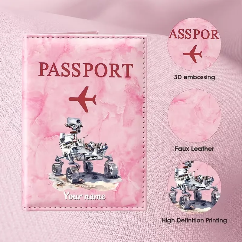 Porte-passeport en PU personnalisé avec motif robot explorateur sur Mars, thème technologique et nom sur mesure