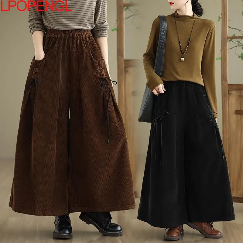 Wide-leg Pants For Women 2024 New Autumn Style Mid-length Vintage Corduroy Lace-up High-waisted Ankle-length Pants For Women