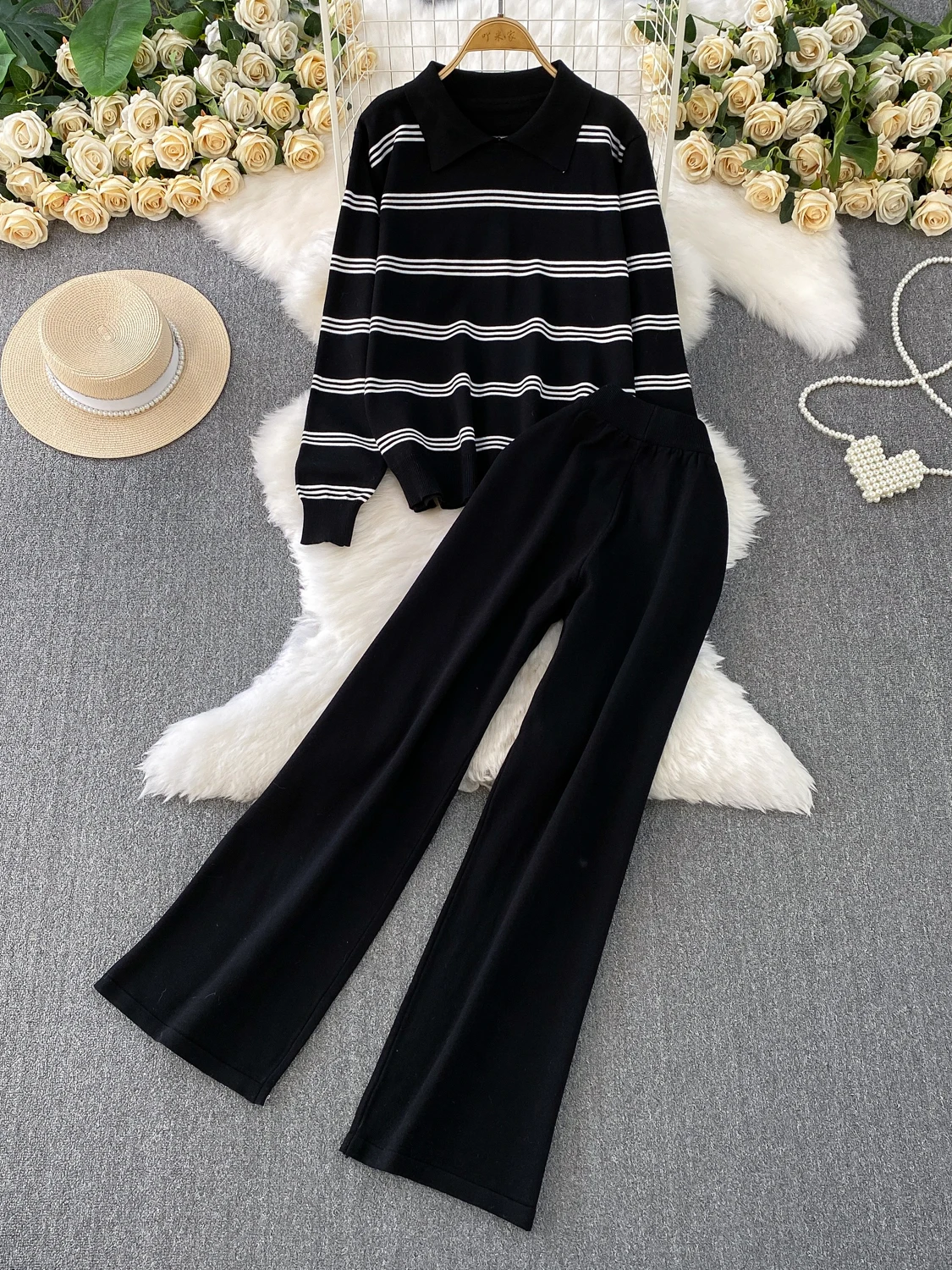 

Korean Faion Striped Ne Long Sve Knitted Sweatirt Women Winter High Waist Slim Wide Leg Pants Two Piece Set