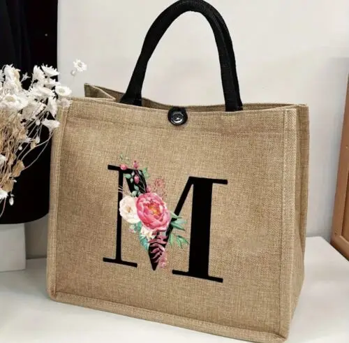 Polarshe Letter Garland Linen Large Capacity Canvas Tote Bag Brown Burlap Personalized Reusable Shopping Bag For Wedding, Work