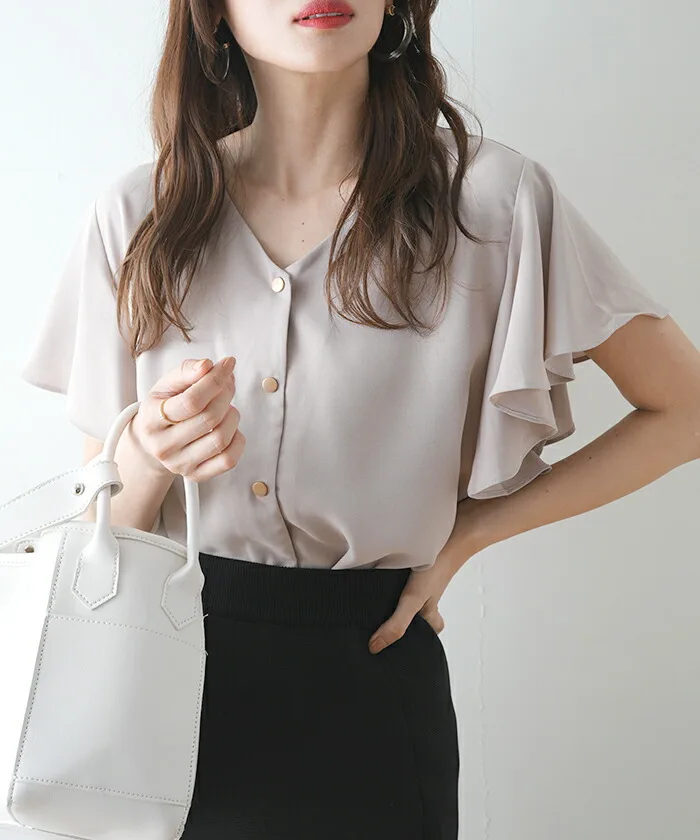 2025 Japanese Style Minimalist Blouse, Solid Color Short Sleeve Top with Flutter Trim for Women