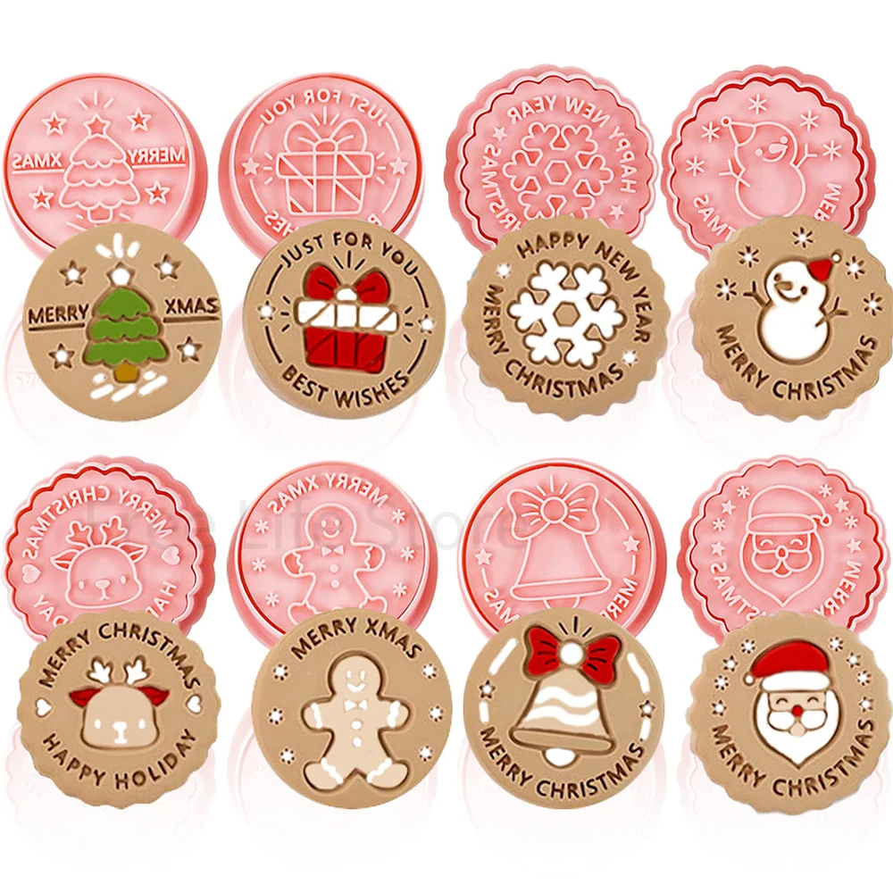 8Pcs/set Cookie Cutters 3D Christmas Circle Shape Biscuit Cutter with Plunger Stamps Embossed DIY Cookie Baking Supplies