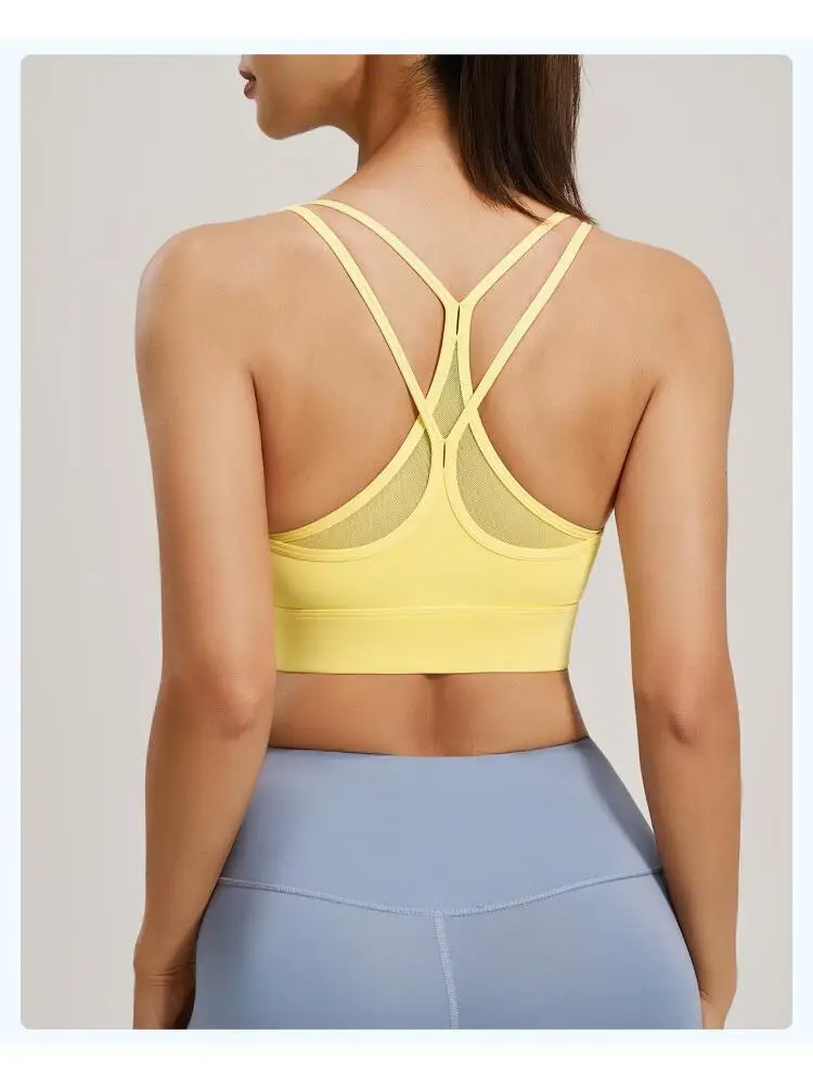 Women Sports Bra with Integrated Cup Padding Crisscross Thin Mesh Straps High Support Workout Yoga Running Athletic Bra