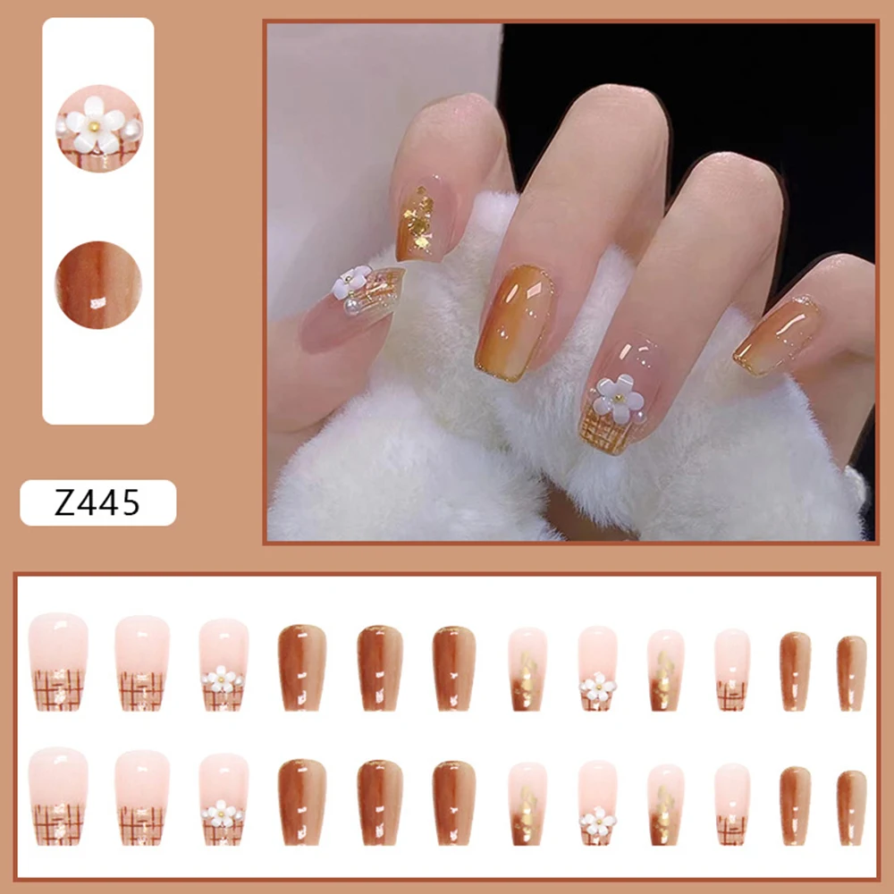 Glossy False Nail Salon Set Autumn Brown Premium Material Nail Natural Wear for Daily Office Routine Duties