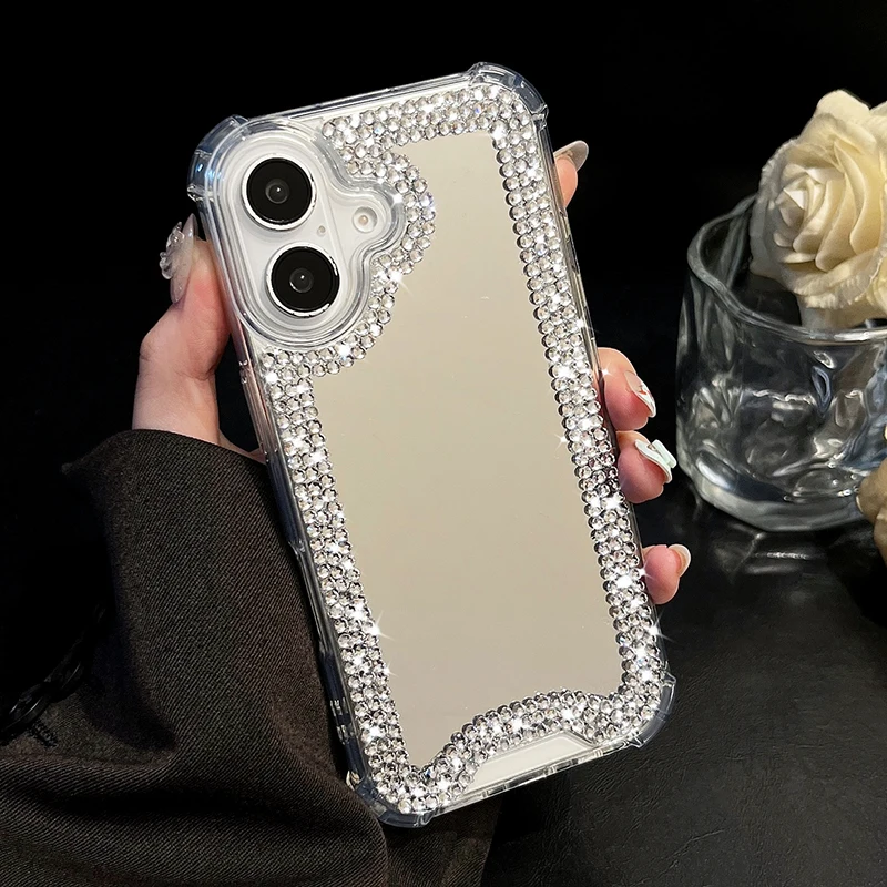 Luxury Rhinestone Makeup Mirror Phone Case For iPhone 16 15 14 13 12 11 Pro Max Fashion Shockproof Cover