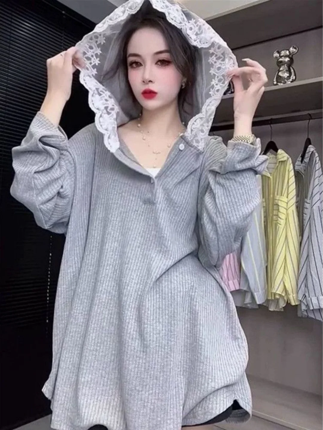 

Худи свободного кроя больших размеров с длинными рукавами и кружевной отделкой, в корейском стиле, повседневное, свободное, комфортное, для женщин больших размеров