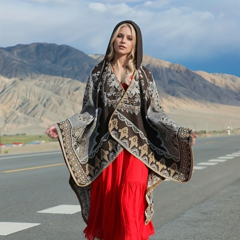 

1 шт., осенне-зимняя богемная этническая накидка с капюшоном, теплая вязаная ткань, повседневная одежда для путешествий и отдыха на открытом воздухе, декоративная шаль