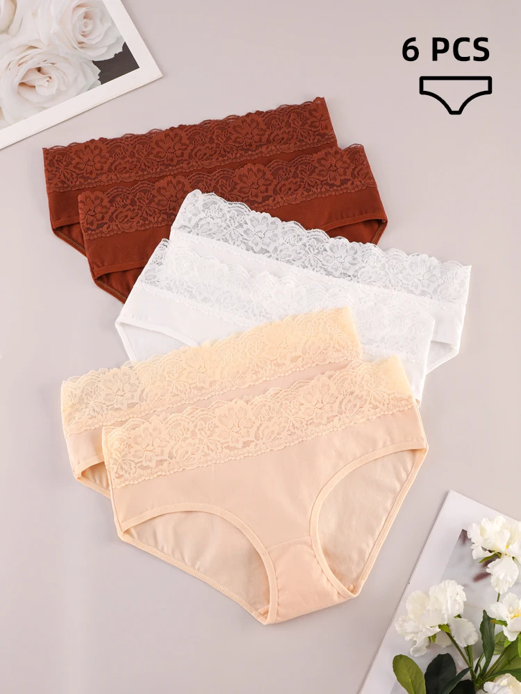 

ALDOLA 6PCS/set Women's Sexy Lace Briefs 95% Soft Cotton Panties Breathable Comfortable Underwear Solid Color Lingerie Underpant